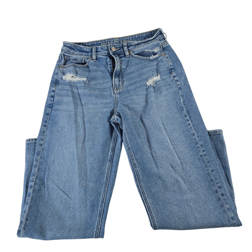 American Eagle Mom Straight Jeans Womens 8 Regular Blue Distressed Stretch Denim